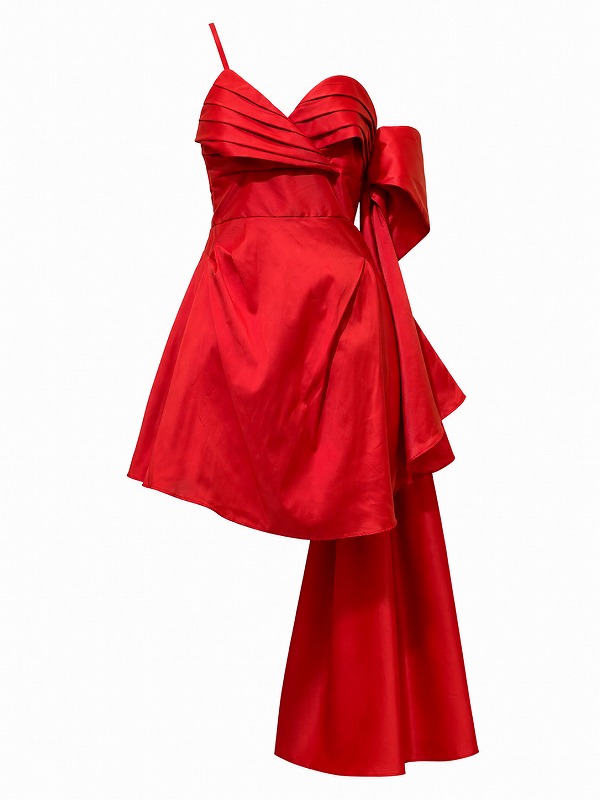 【新品DRESS 1900】ラッピングリボンサイドショルダーワンショルフレアミニドレス レッド【KAREN MILLEN】
